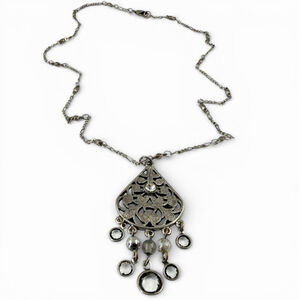 Vintage Art Deco Revival Filigree Necklace, Silver Tone Crystal Teardrop Pendant